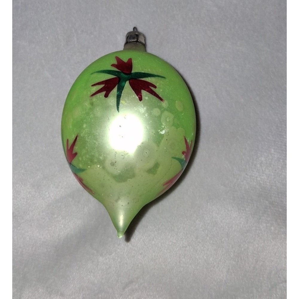 Vintage Poland 4" Glass Christmas Ornament Green Teardrop Red Floral MCM